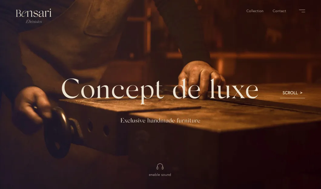 Strona internetowa Bensari z hasłem „Concept de luxe” i zdjęciem stolarza przy pracy